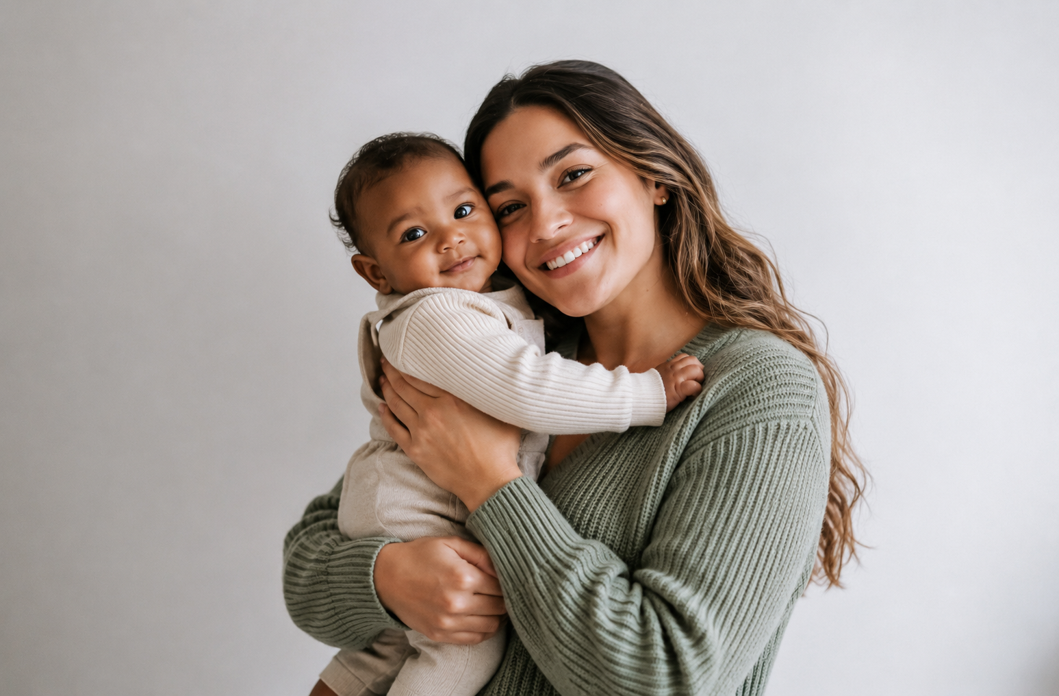 Mãe sorrindo abraçada com seu bebê, transmitindo carinho e proximidade